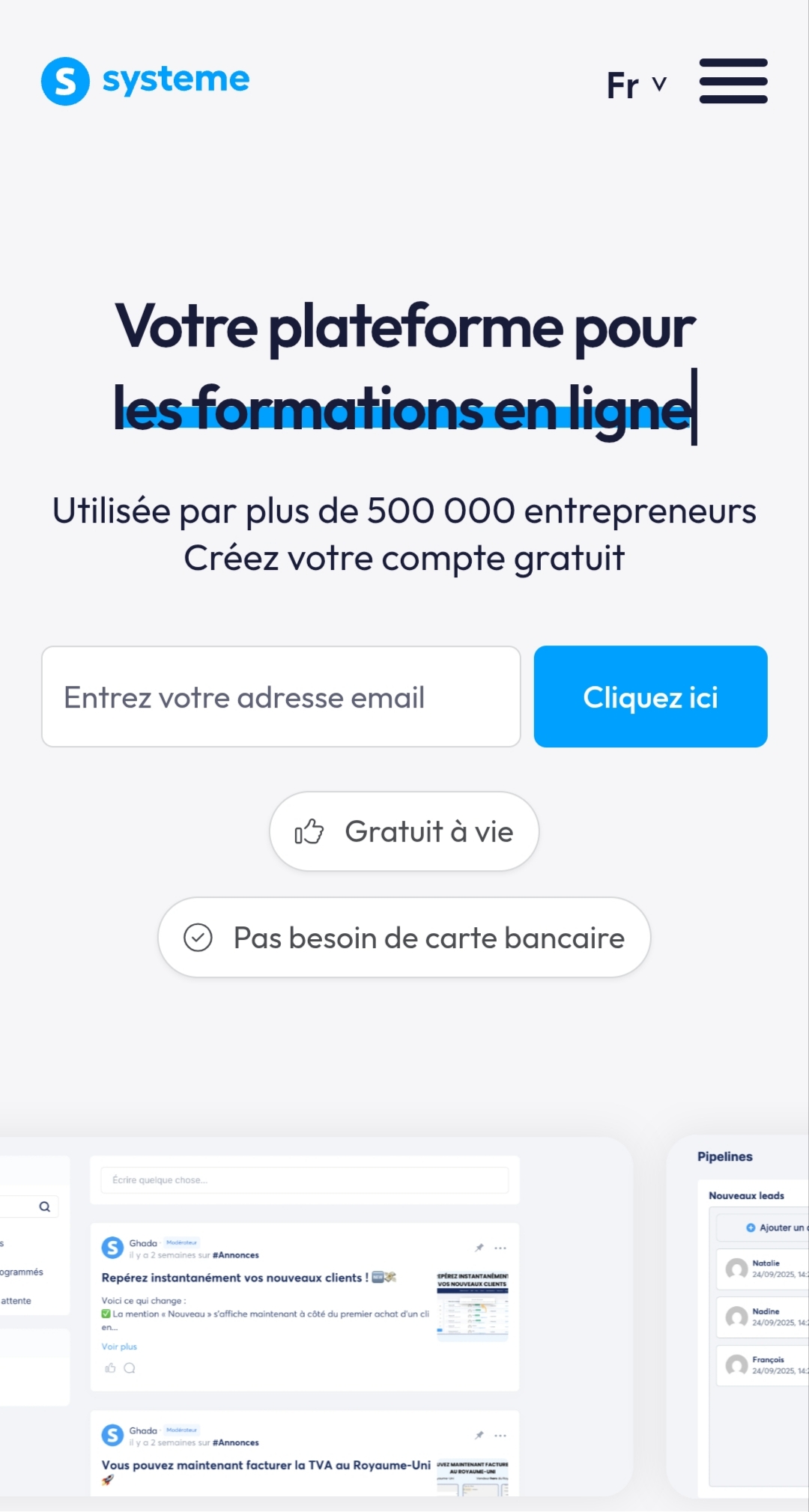 Page d'accueil Systeme.io - inscription gratuite sans carte bancaire