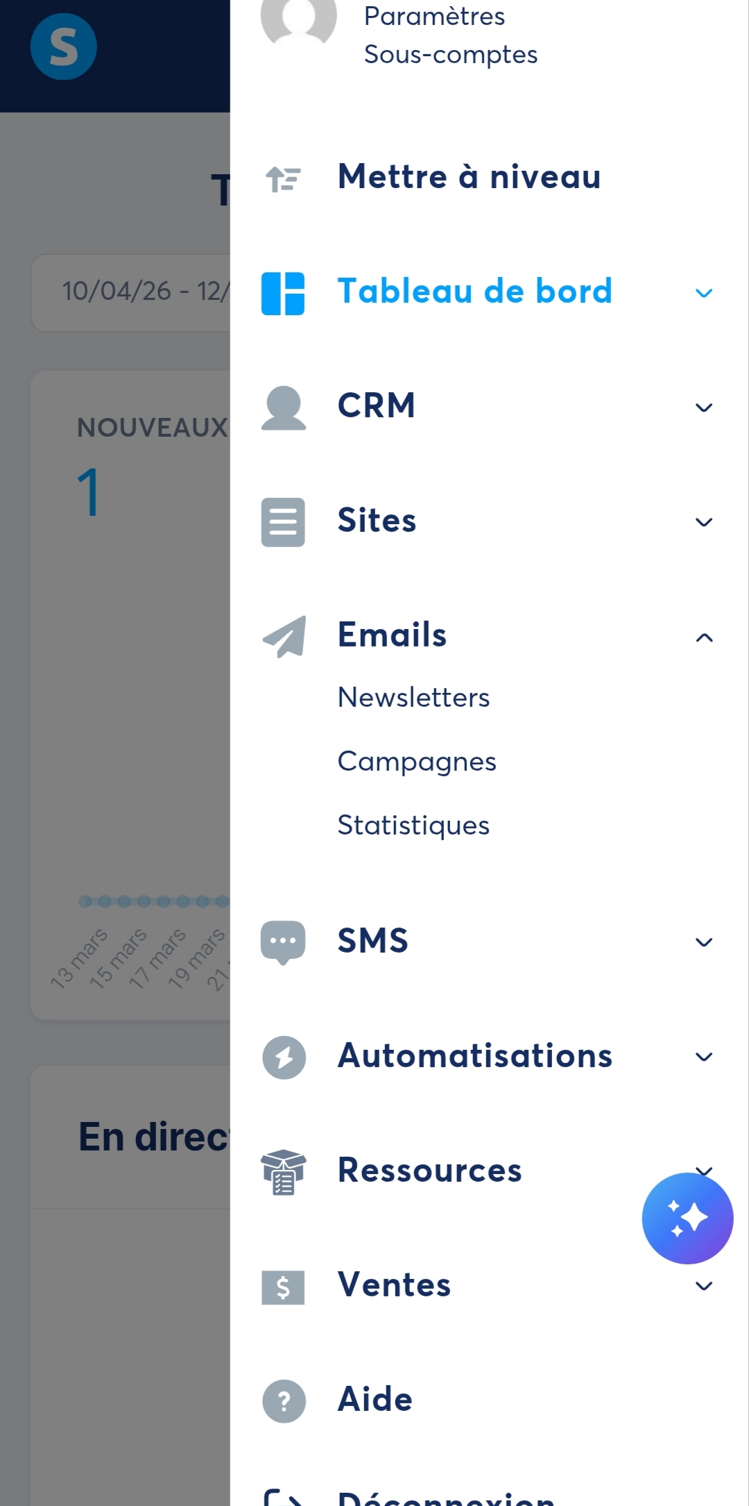 Menu navigation Systeme.io - section emails newsletters campagnes statistiques