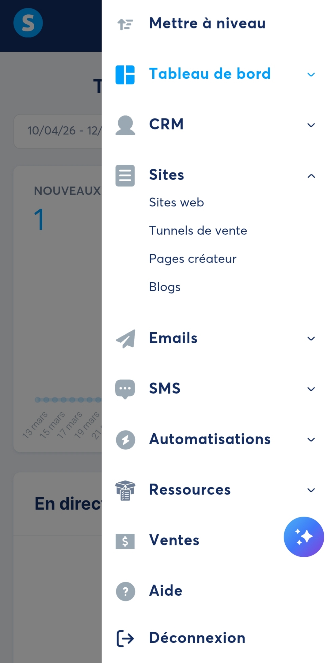 Menu Sites Systeme.io - sites web tunnels de vente pages créateur blogs