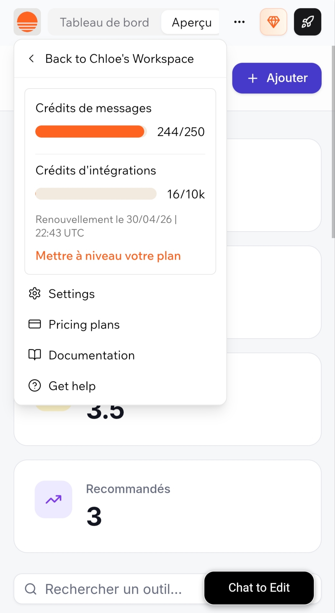 Mon tableau de bord Base44 - crédits Builder
