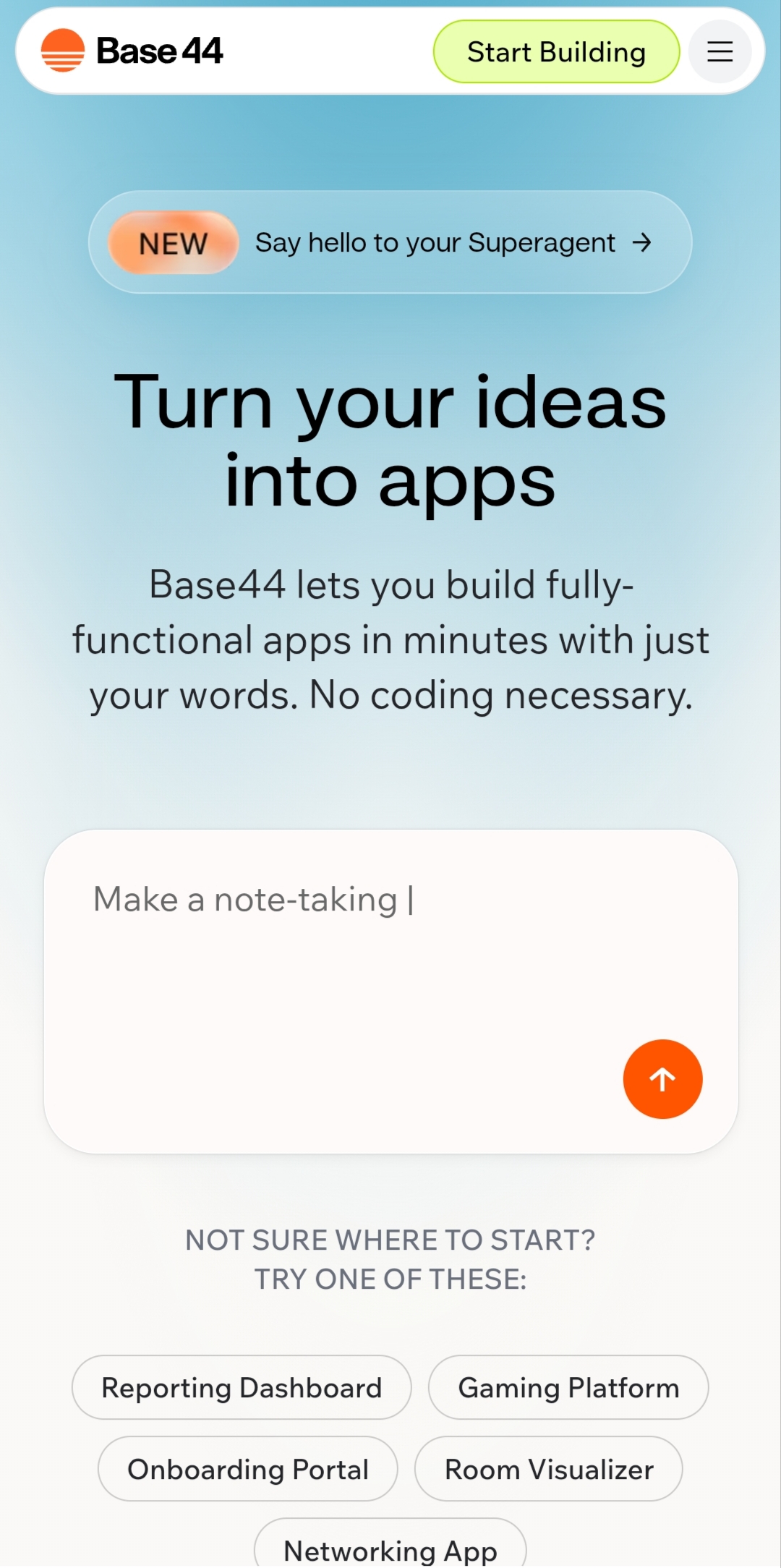 Page d'accueil Base44 - créer une application sans coder