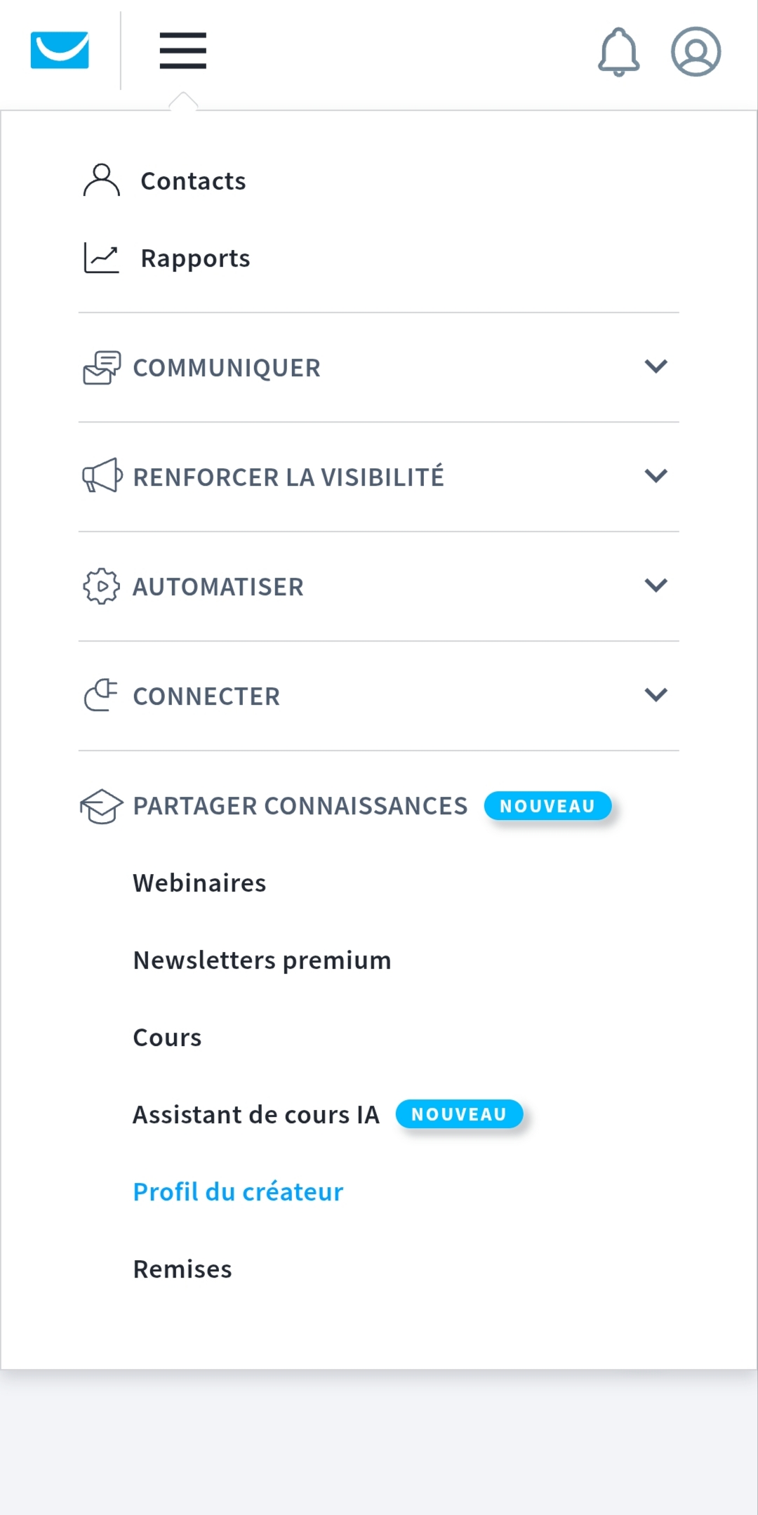 Menu Partager connaissances GetResponse - webinaires, cours, assistant IA