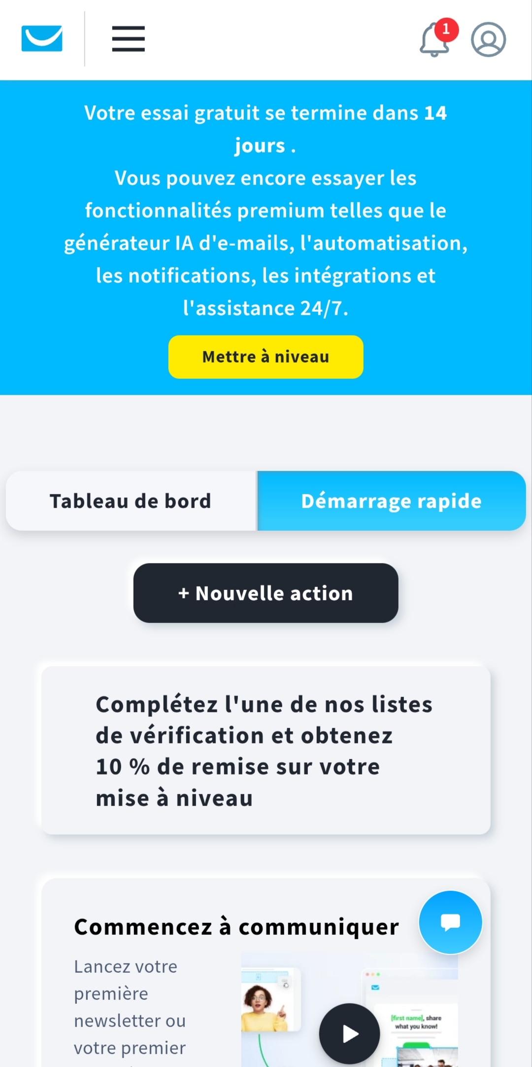 Tableau de bord GetResponse sur mobile