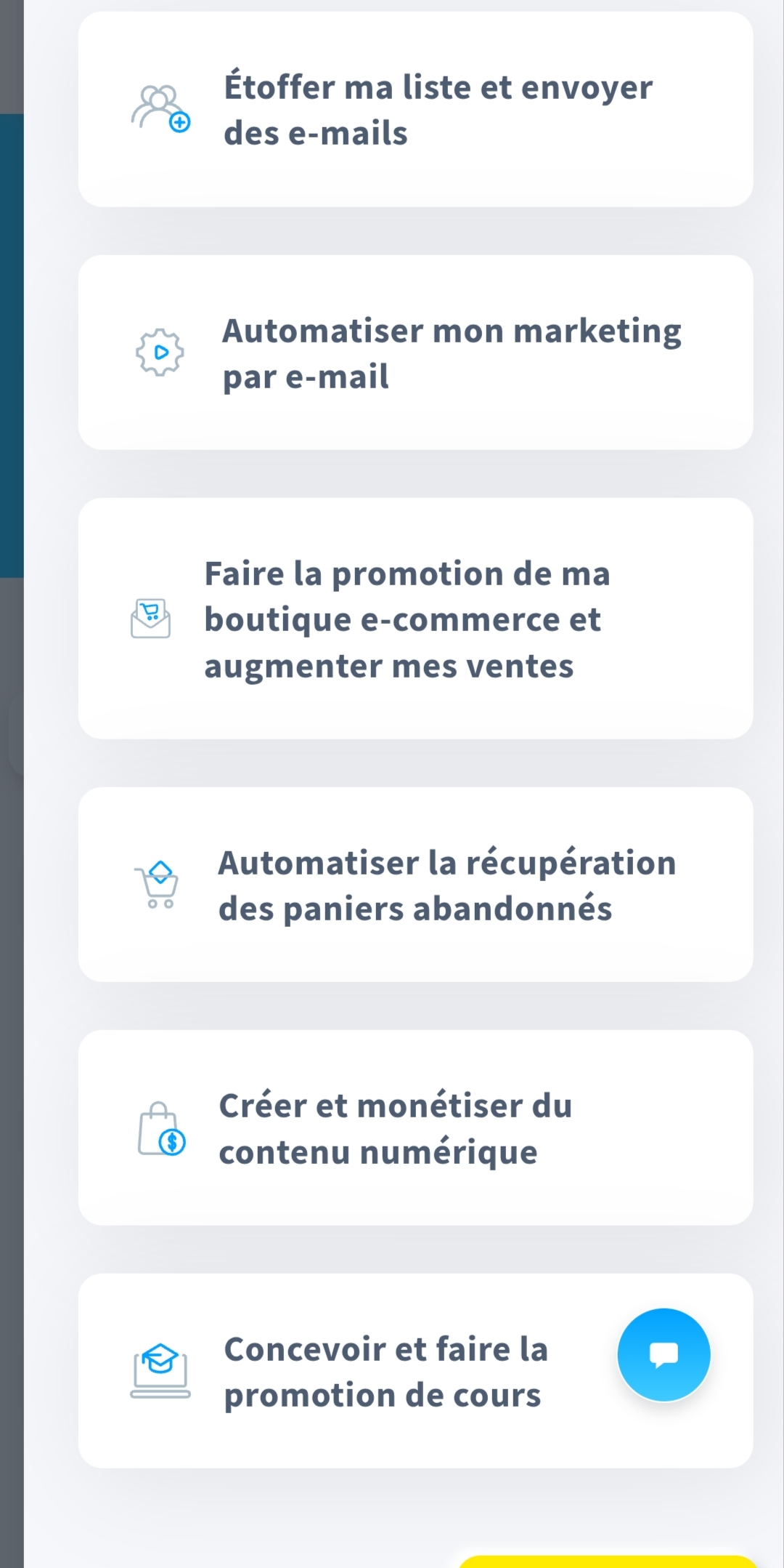 GetResponse - écran de sélection des objectifs au démarrage